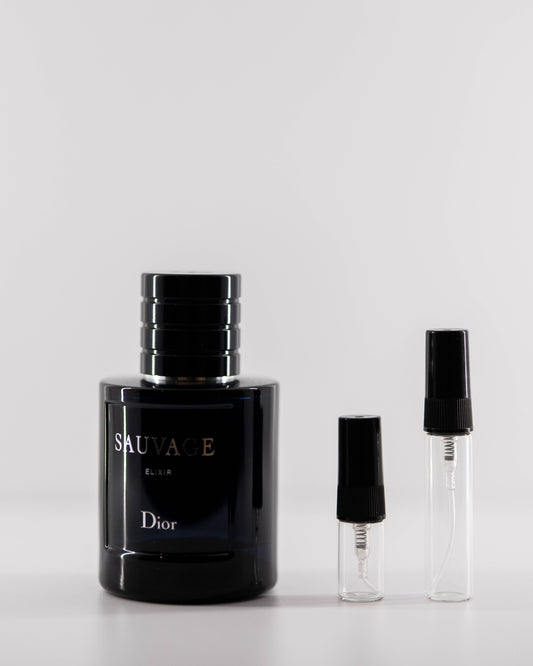 Dior Sauvage Elixir with 2ml and 5ml decant bottles