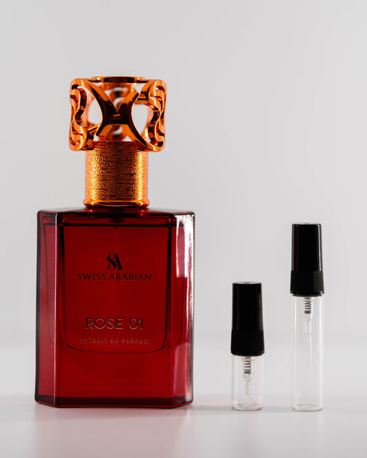 Rose 01 with 2ml and 5ml decant bottles