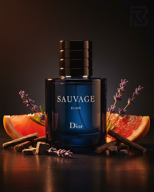 Dior Sauvage Elixir perfume bottle with grapefruit and lavender on a dark background