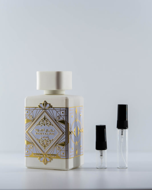 Honor & Glory with 2ml and 5ml decant bottles