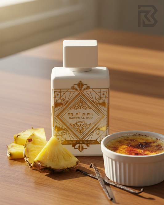 Honor and Glory perfume bottle on wooden table with gourmand accents