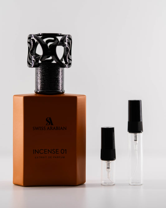 Swiss Arabian Incense 01 with 2ml and 5ml decant bottles