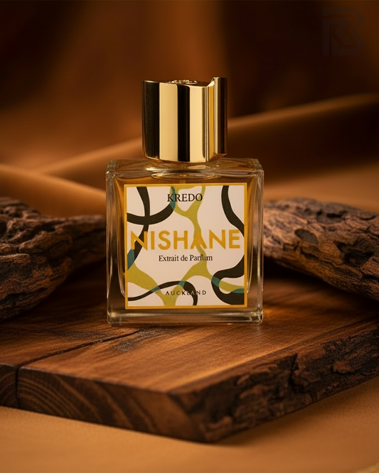 Kredo Nishane perfume bottle on a wooden surface with a warm brown background