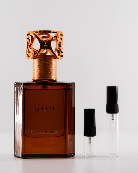 Oud 74 with 2ml and 5ml decant bottles