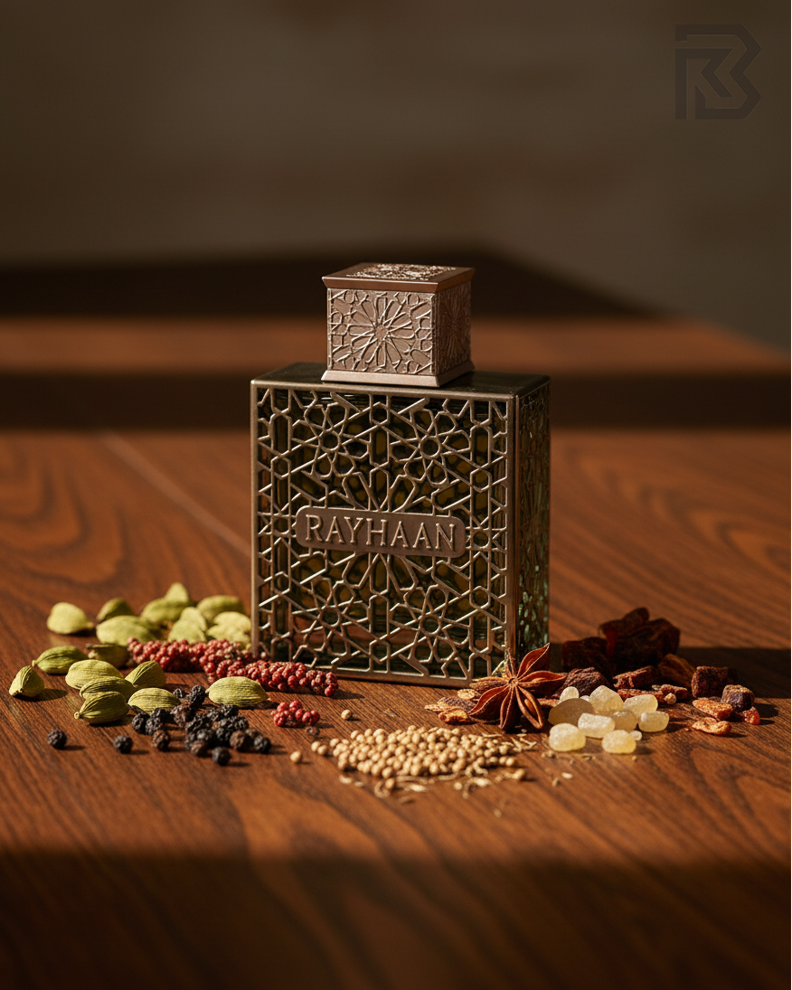 Rayhaan Terra perfume bottle on dark wooden table with Middle Eastern spices