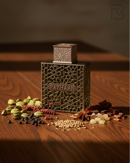 Rayhaan Terra perfume bottle on dark wooden table with Middle Eastern spices