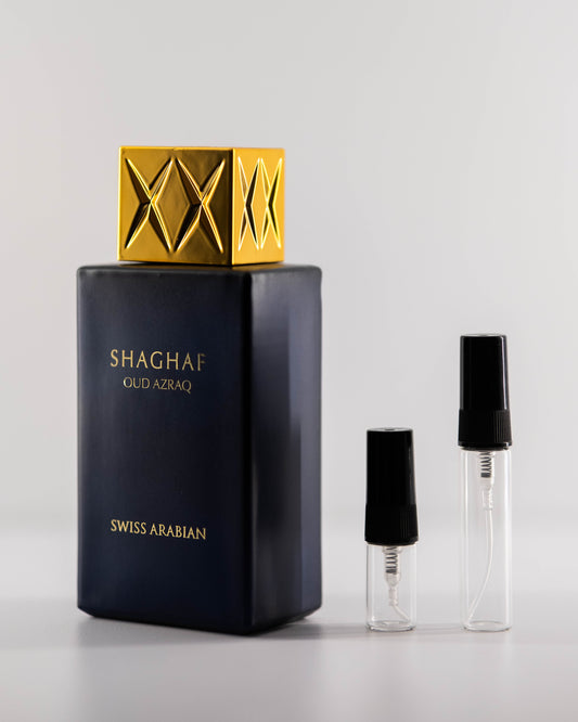 Shaghaf Oud Azraq with 2ml and 5ml decant bottles
