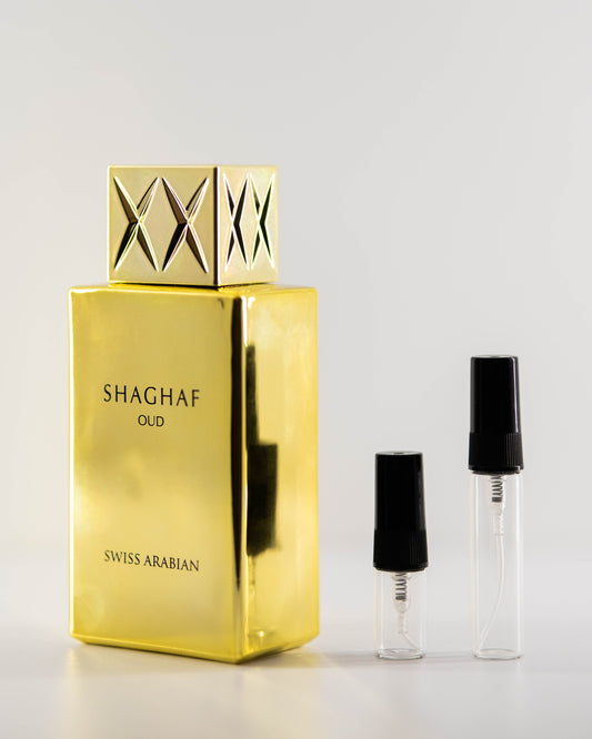 Shaghaf Oud with 2ml and 5ml decant bottles