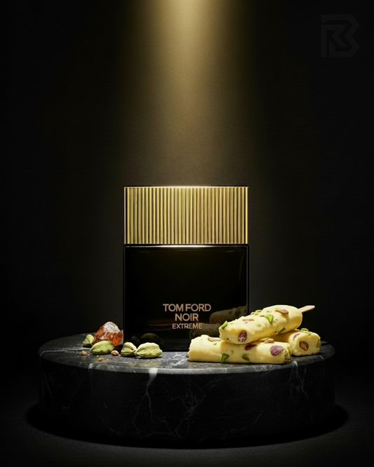 Tom Ford Noir Extreme perfume bottle with decorative elements on a dark background